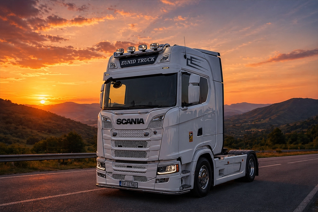 Camion Scania ce face parte din flota Eunid Truck fotografiat in cadrul unui peisaj superb